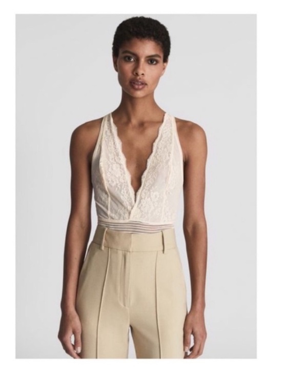 Tops - New! REISS Stretch Sexy Lace Plunge Open Back Bodysuit in Cream Ivory
